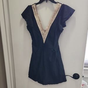 Elegant Black Swim Dress with Cream Accents Tie At Waist- Womens Size L